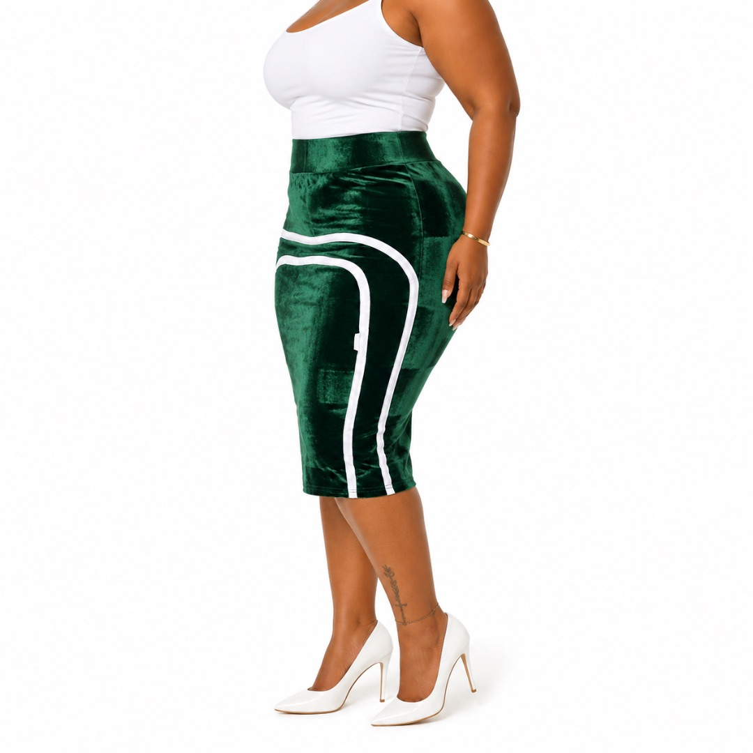 Emerald Green Velvet Bodycon Skirt with Contrast Piping